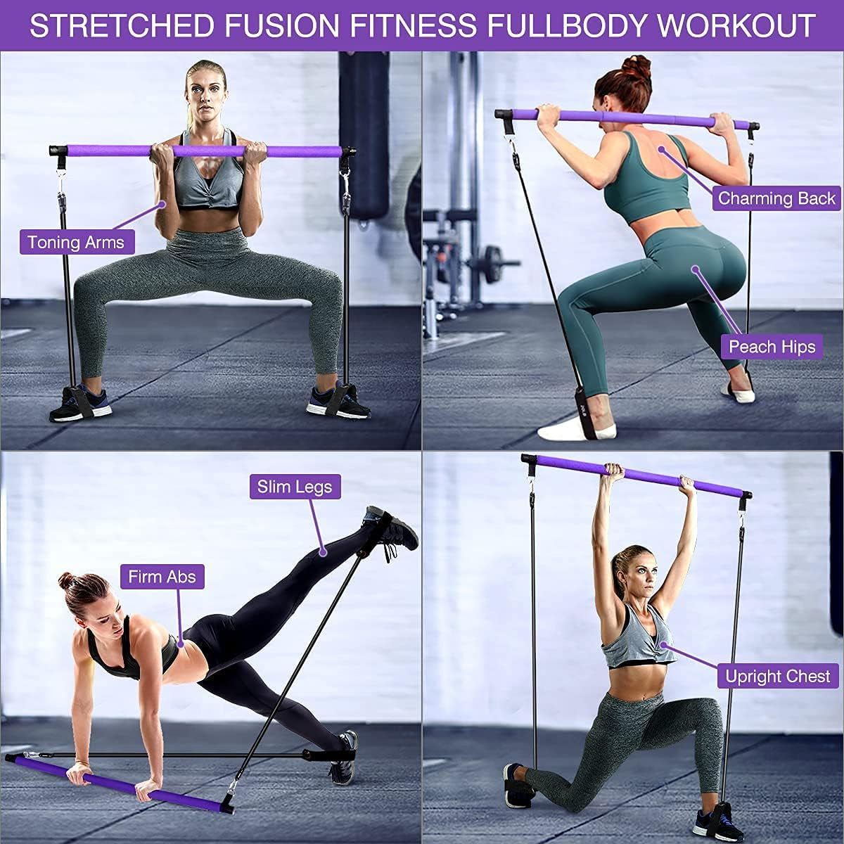 Portable Exercise Bar Kit with Adjustable Resistance Bands (20 & 30 lbs) and Travel Bag for Home, Gym, Office, or Travel - Purple