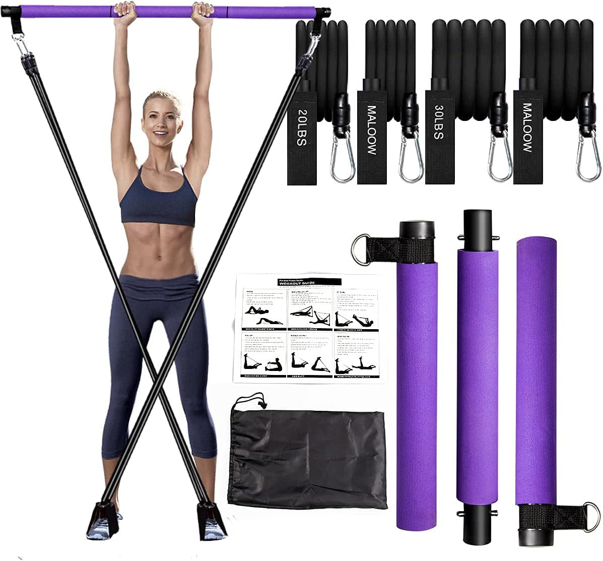 Portable Exercise Bar Kit with Adjustable Resistance Bands (20 & 30 lbs) and Travel Bag for Home, Gym, Office, or Travel - Purple