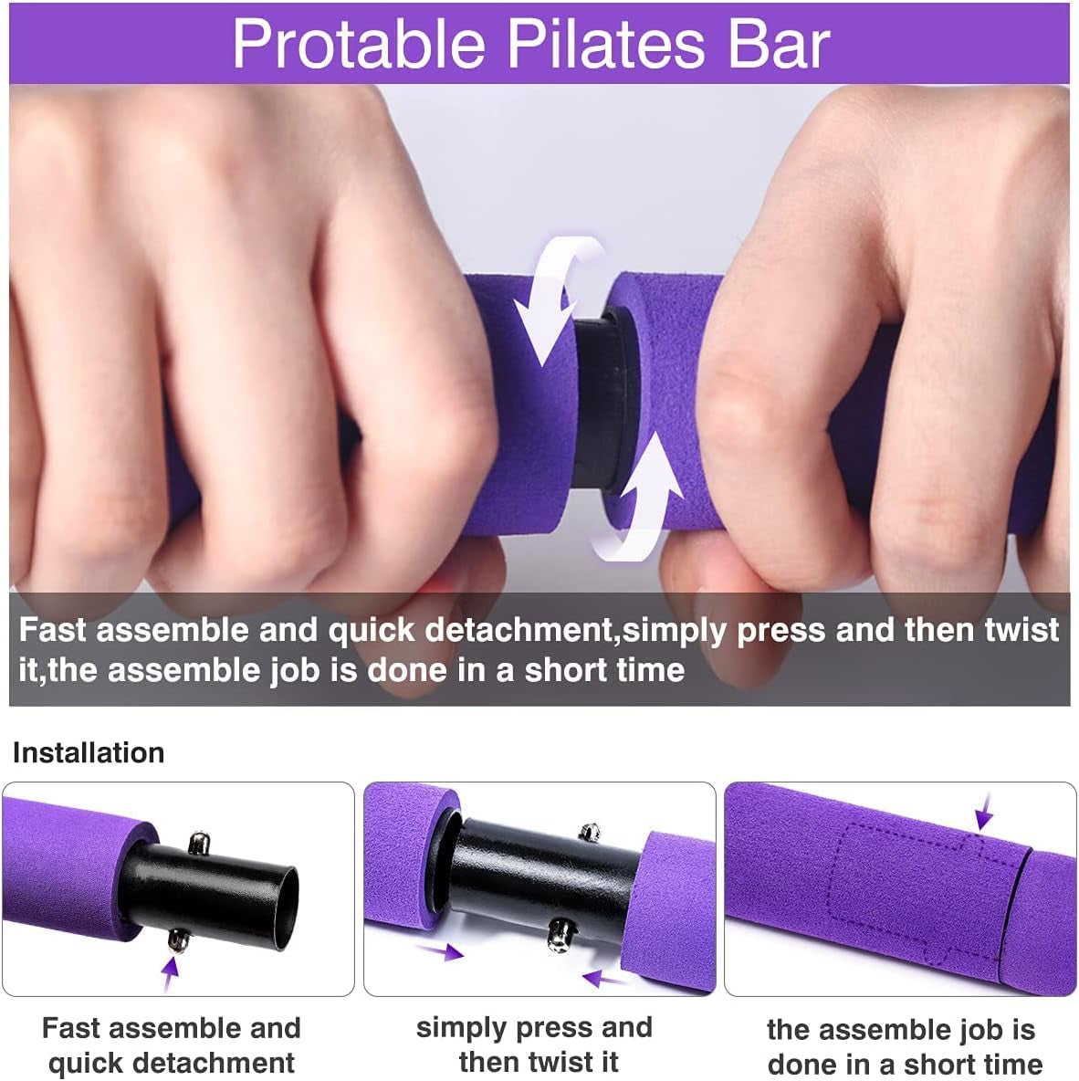 Portable Exercise Bar Kit with Adjustable Resistance Bands (20 & 30 lbs) and Travel Bag for Home, Gym, Office, or Travel - Purple