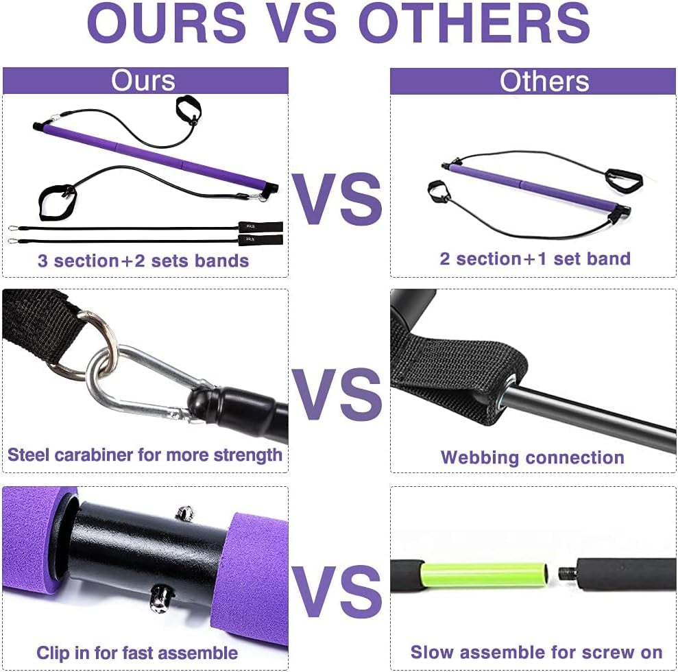 Portable Exercise Bar Kit with Adjustable Resistance Bands (20 & 30 lbs) and Travel Bag for Home, Gym, Office, or Travel - Purple